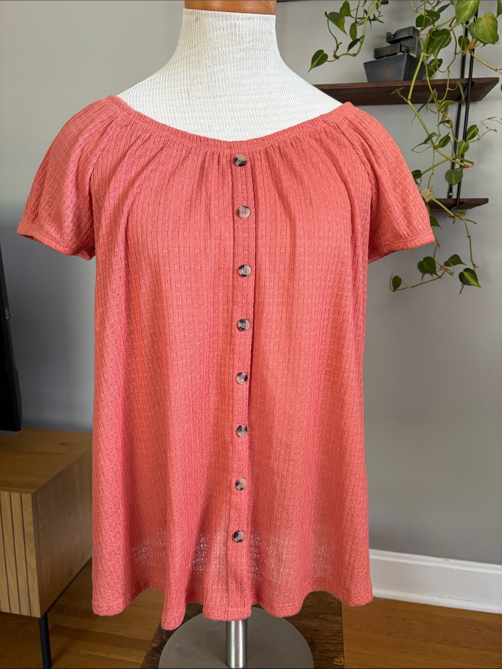 Women's Coral Button-Front Off-Shoulder Top